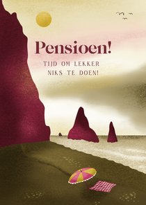 Felicitatie voor pensioen met strand, parasol en gedichtje