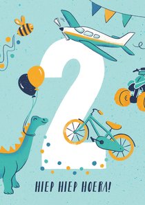 Felicitatiekaart 2 jaar dino, fiets en vliegtuig