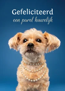 Felicitatiekaart 30 jaar getrouwd van hond met parelketting
