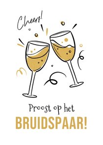 Felicitatiekaart champagne proost op het bruidspaar hartjes