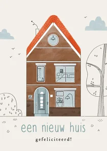 Felicitatiekaart een nieuw huis illustratie jaren 30 woning