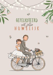 Felicitatiekaart fiets met bruidspaar