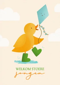 Felicitatiekaart geboorte jongen kuiken met vlieger