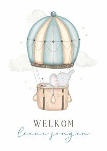 Felicitatiekaart geboorte - jongen luchtballon olifant