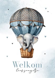 Felicitatiekaart geboorte jongen olifantje luchtballon