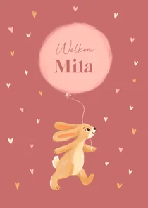 Felicitatiekaart geboorte konijn met ballon en hartjes