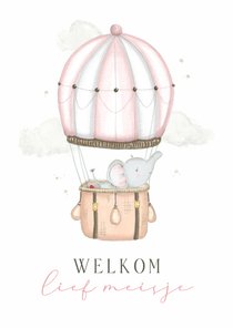 Felicitatiekaart geboorte olifant meisje luchtballon roze