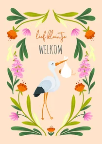 Felicitatiekaart geboorte ooievaar bloemen