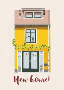 Felicitatiekaart geel huis met vlaggetjes