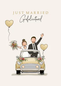 Felicitatiekaart getrouwd auto met bruidspaar