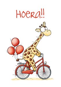 Felicitatiekaart giraffe op de fiets met ballonnen