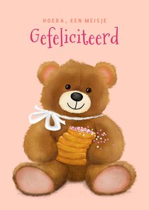 Felicitatiekaart met beer en beschuit met roze muisjes