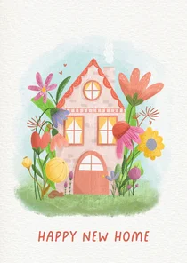 Felicitatiekaart met een huis tussen kleurrijke bloem