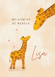 Felicitatiekaart met giraffe mama en kalf geboorte meisje