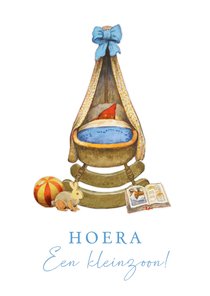 Felicitatiekaart met kabouterwiegje hoera een kleinzoon