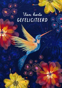 Felicitatiekaart met kolibrie en bloemen