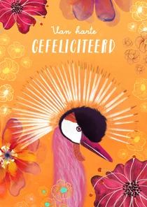 Felicitatiekaart met kroonkraanvogel en bloemen