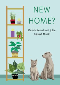 Felicitatiekaart met planten, beeldjes van hond en kat