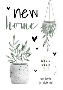 Felicitatiekaart new home met planten en hartjes