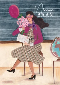 Felicitatiekaart nieuwe baan vrouw met bloemen en ballon