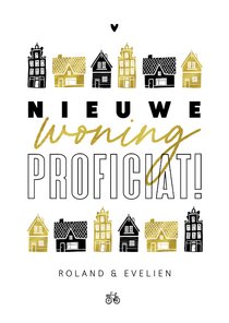 Felicitatiekaart nieuwe woning huisjes hip goud typo