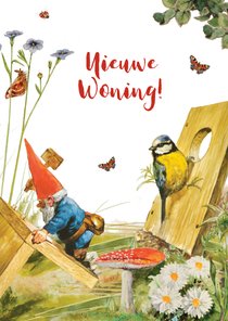 Felicitatiekaart nieuwe woning kabouter en vogelhuis