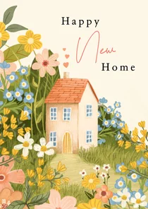 Felicitatiekaart nieuwe woning met bloemen en hartjes