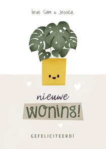 Felicitatiekaart nieuwe woning met lief plantje en hartjes