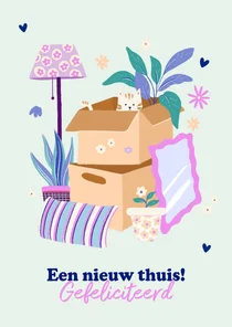 Felicitatiekaart nieuwe woning verhuisspullen en lief katje