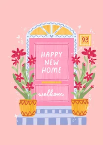 Felicitatiekaart nieuwe woning voordeur roze