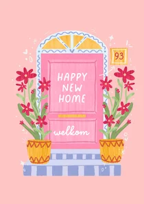 Felicitatiekaart nieuwe woning voordeur roze