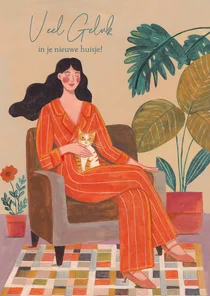 Felicitatiekaart nieuwe woning vrouw in woonkamer met kat