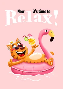 Felicitatiekaart pensioen poes relaxt in flamingo zwemband