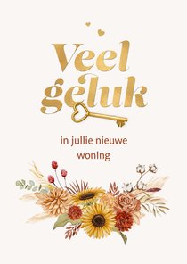 Felicitatiekaart sleutel bloemen veel geluk nieuwe woning