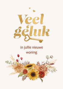 Felicitatiekaart sleutel bloemen veel geluk nieuwe woning