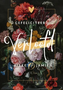 Felicitatiekaart stijlvol verloofd bloemen goud hartjes