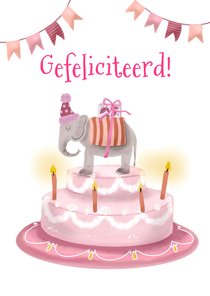 Felicitatiekaart taart met olifantje roze