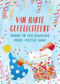 Felicitatiekaart toeter en confetti