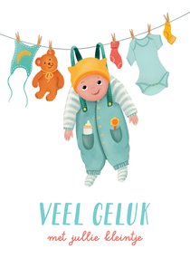 Felicitatiekaart voor geboorte met een baby aan de waslijn