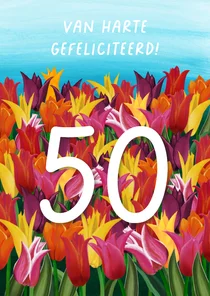 Felicitatiekaart voor huwelijksdag met tulpen en cijfer