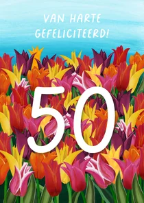 Felicitatiekaart voor huwelijksdag met tulpen en cijfer