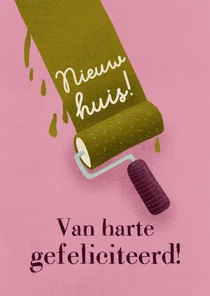 Felicitatiekaart voor nieuwe woning met verfroller en hamer