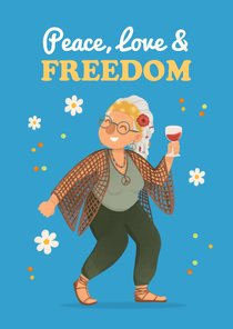 Felicitatiekaart vrouw pensioen grappig hippie cartoon peace
