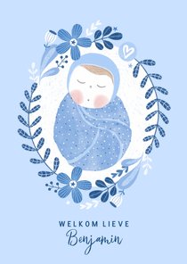 Felicitatiekaart zoon baby botanisch blauw