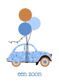 Felicitatiekaart zoon baby oldtimer confetti blauw