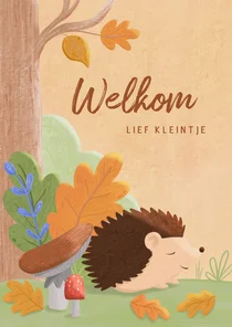 Felicitatiekaartje egel paddenstoelen en bladeren in het bos