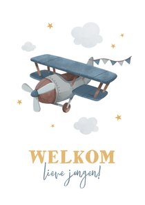 Felicitatiekaartje geboorte jongen vliegtuigje wolkjes 