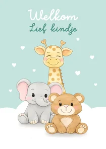 Felicitatiekaartje geboorte kindje dieren kleine hartjes