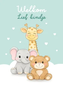 Felicitatiekaartje geboorte kindje dieren kleine hartjes