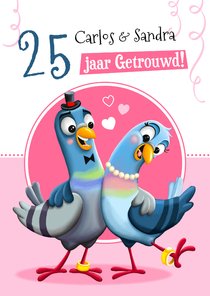 Felicitatiekaartje jubileum met grappig duivenkoppel